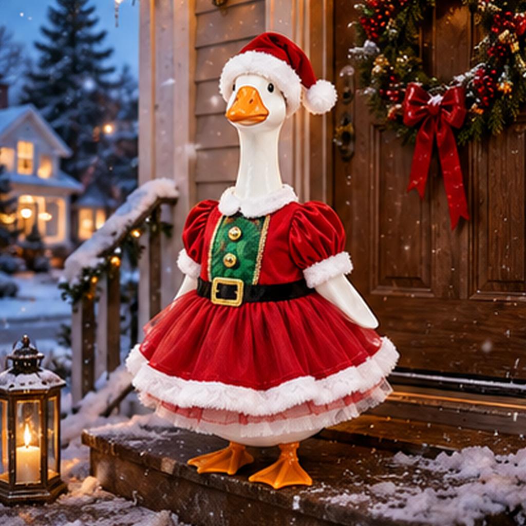 Christmas Porch Goose Outfit 23in Holiday Statue Dress Costume with Festive Winter Theme for Outdoor Yard Decoration