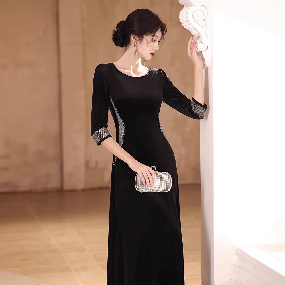 Черное вечернее платье на осень и зиму для женщин, новое изысканное бархатное, темперамент для ведущего банкета, достойная атмосфера