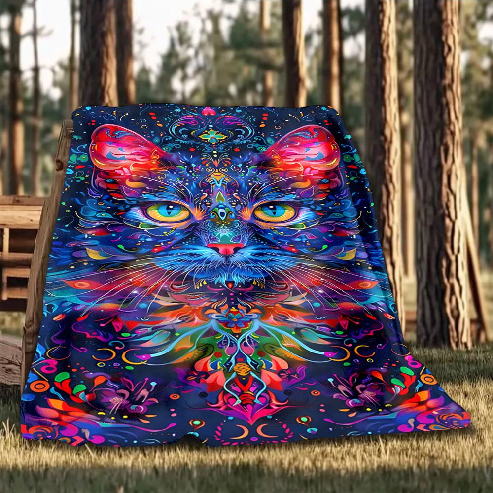1pc Psychedelic Cat Print Throw Blanket Polyester Fiber, Lightweight Flannel, Soft & Warm, All Season Use for Outdoor, Camping Digital Print