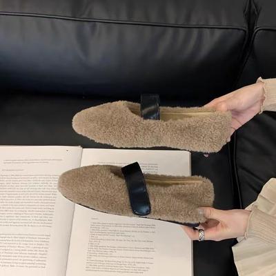 Осенью и зимой 2025 года новые модные и универсальные туфли на плоской подошве с ремешком, туфли Doudou, теплые бархатные туфли, Мао Мао