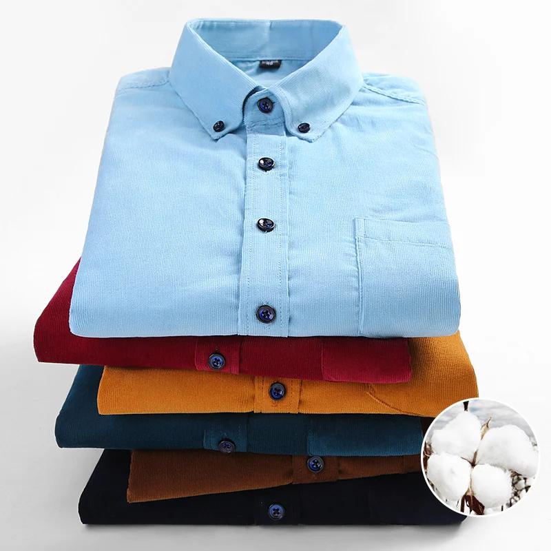 2025 Cotton Corduroy Casual Warm Solid Shirt Long Sleeve Winter Regular Fit Mens Men's Shirts with Pokets