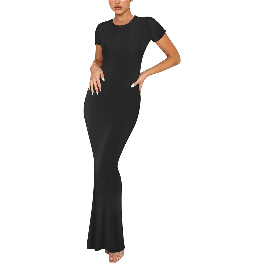 Женское модное и сексуальное однотонное длинное платье с круглым вырезом и короткими рукавами