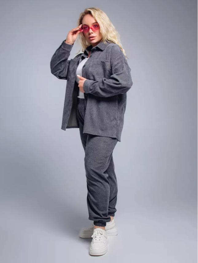 2025 Retro Plus Size Women's Lapel Shirt and Corduroy Pants Set