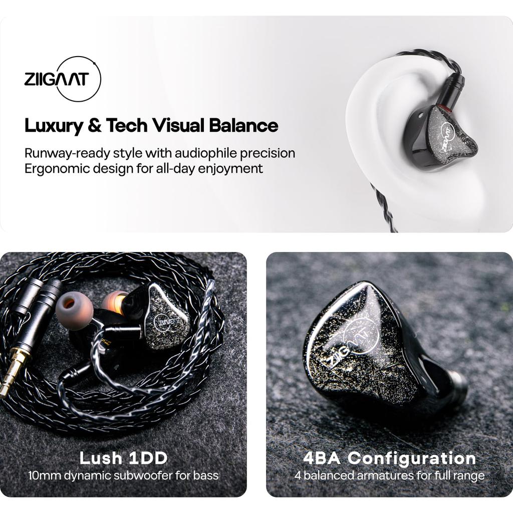 Linsoul ZiiGaat Lush Hybrid (4BA+1DD) Высококлассные внутриканальные наушники, Сделано в Китае, Со сменным кабелем, Гибридная конфигурация с динамическим драйвером и сабвуфером,