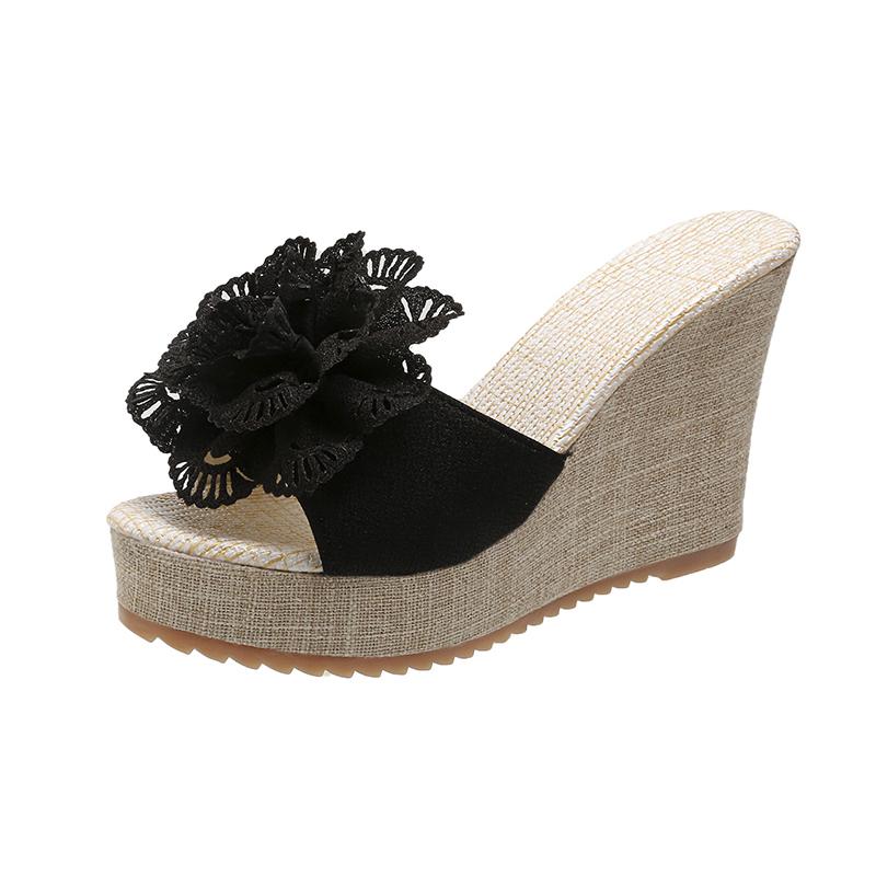 Fashion Elegant Flower Mesh Thick Sole Slope Heel Casual Sandals 2024 Comfortable and Sexy Women's High Heels New Versatile Trendy Shoes