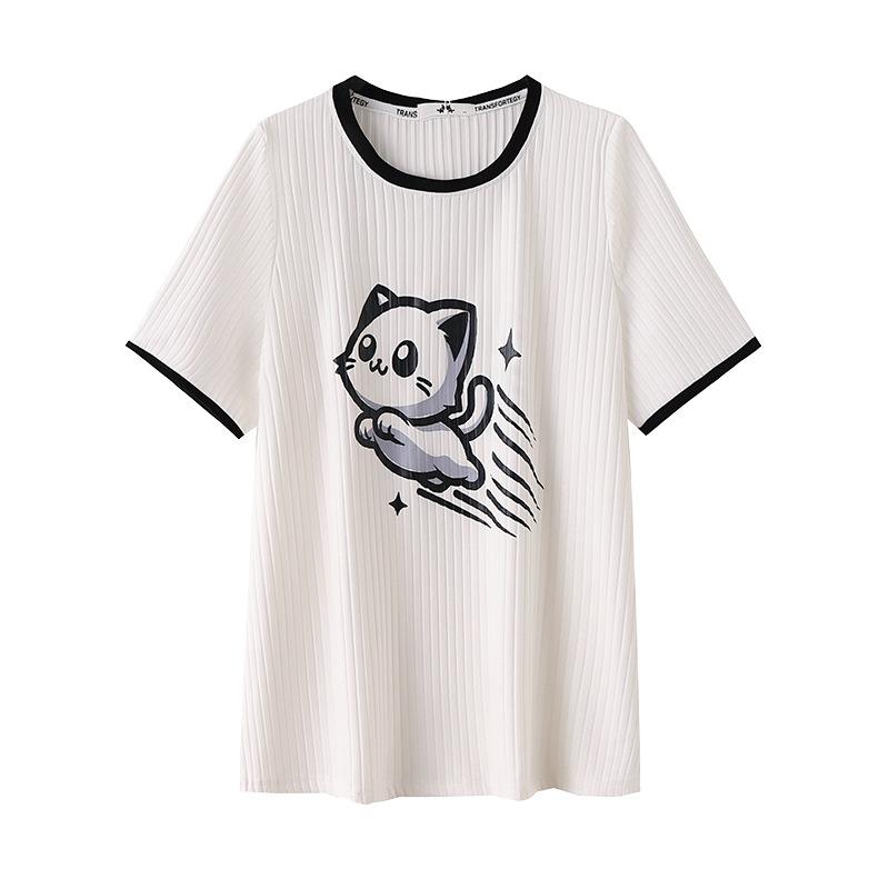 Женская летняя футболка из ледяного шелка больших размеров, топы с короткими рукавами и принтом кота, свободные и тонкие с положительным плечом и круглым вырезом