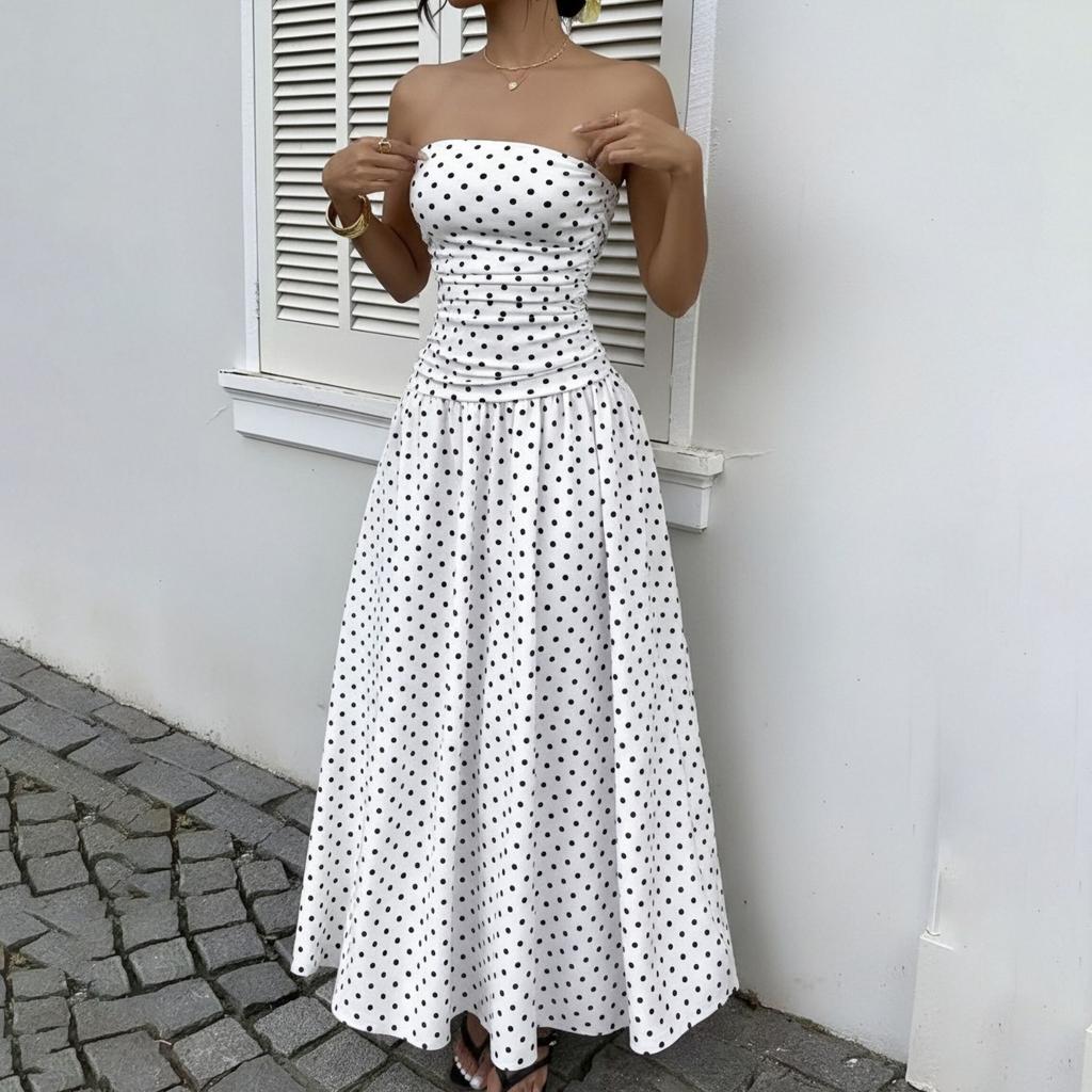 Summer new women's skirt, sexy and sweet temperament tube top polka dot waist dress