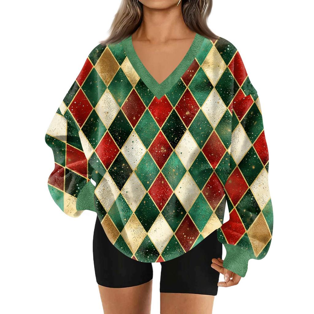 Женский модный пуловер с V-образным вырезом, рождественским принтом, длинным рукавом, повседневный, плюшевый, теплый, с карманом, толстовка, топ