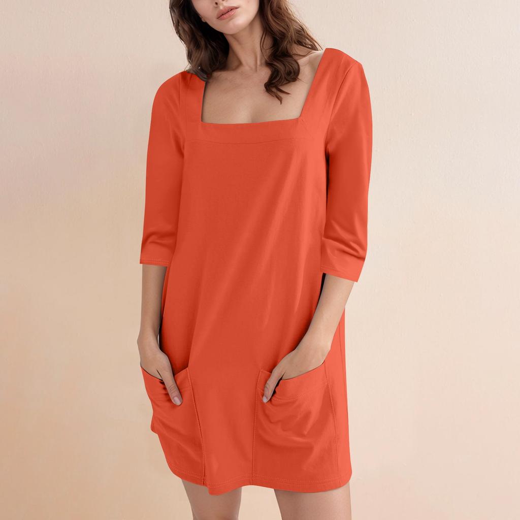Женское модное повседневное однотонное короткое платье с квадратным вырезом и рукавом 3/4