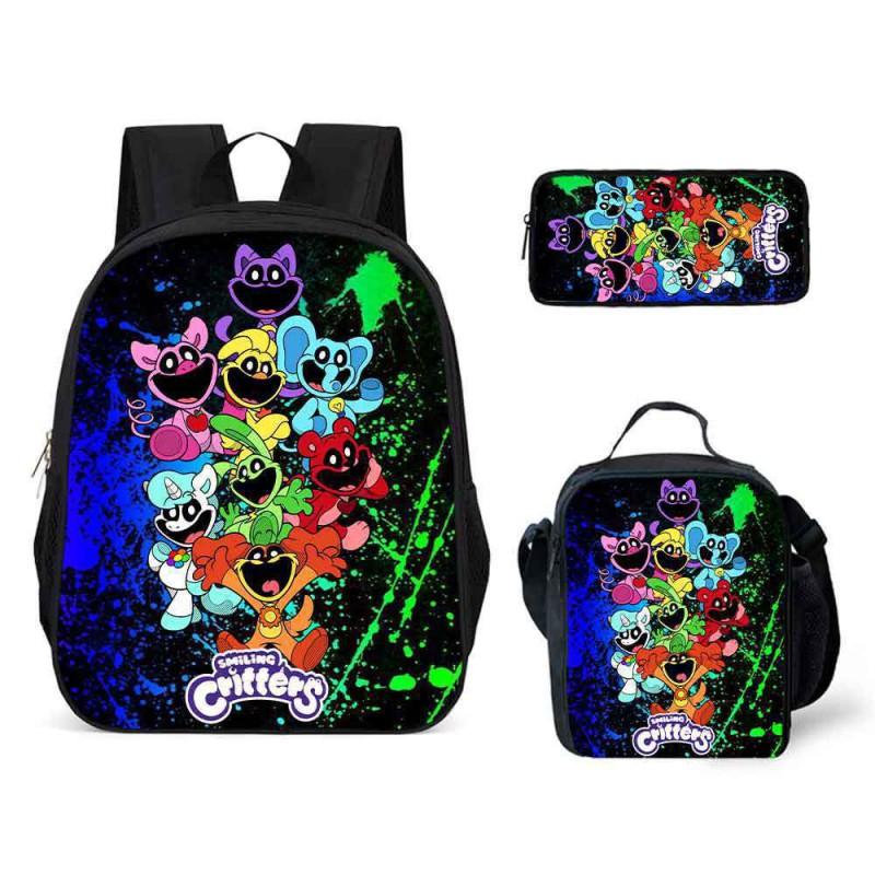 Kids School Backpack Set With Cartoon Smiling Creatures - 3-Piece Oxford Fabric Bag Elementary Students