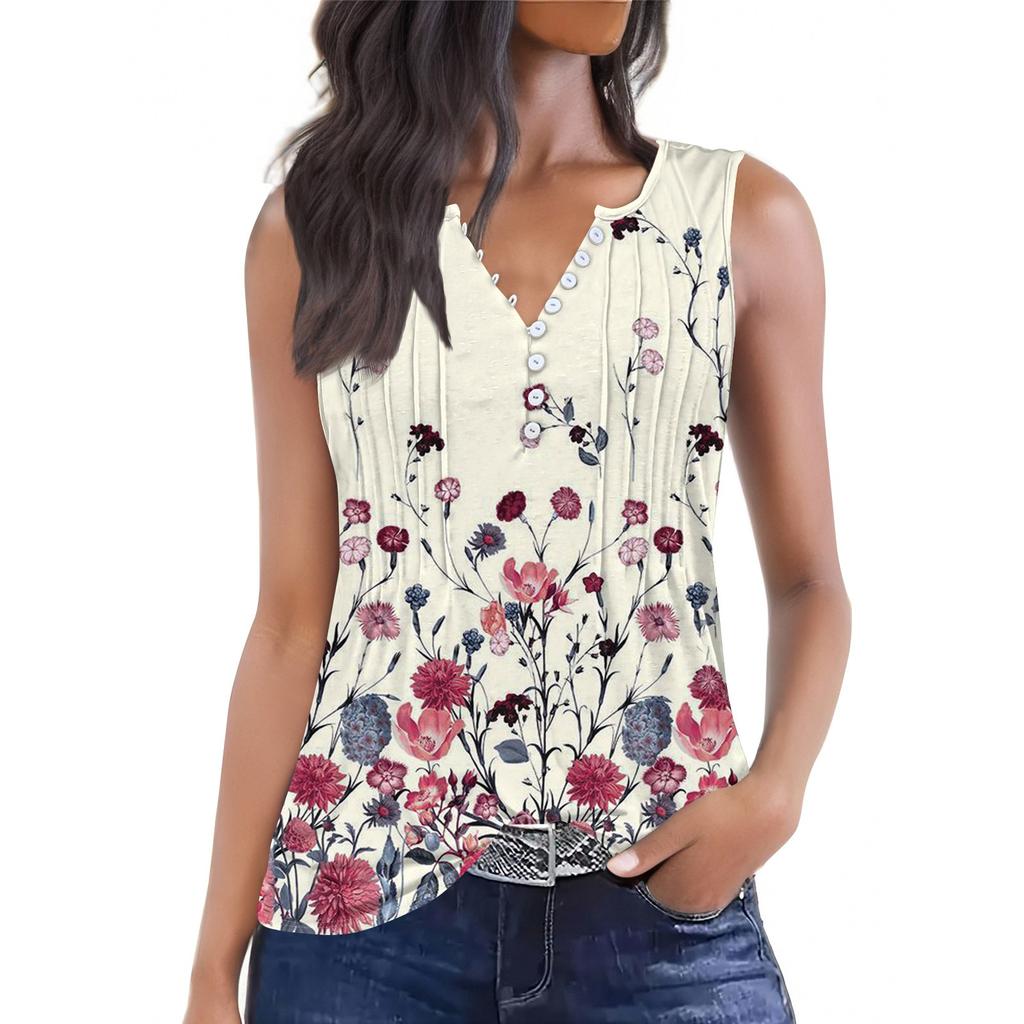 Женская повседневная свободная плиссированная рубашка с цветами и растениями, футболка с V-образным вырезом и застежкой на пуговицы, безрукавка, топ