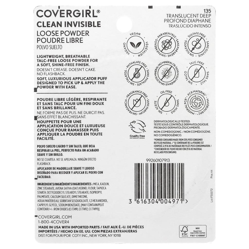 Covergirl Clean Invisible, Loose Powder, 135 Translucent Deep, 0.63 Oz (18 G)