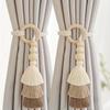 2pcs Bohemian Handmade Tassel Curtain Tiebacks with Wooden Beads - Polyester, Modern Boho Style Window Drape Holdbacks for Home Decor