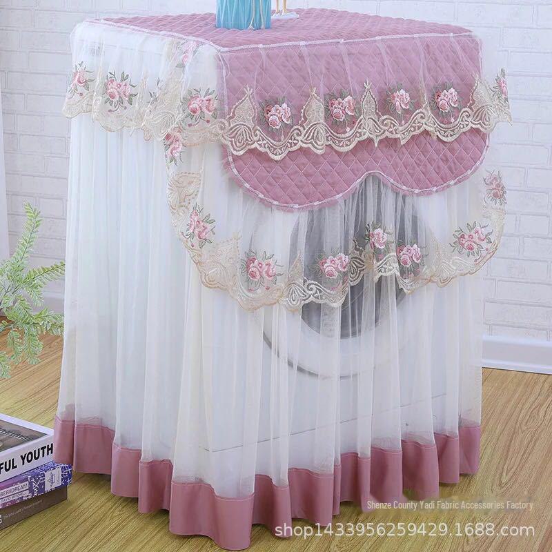 Современный декоративный пыле- и водонепроницаемый тканевый чехол с кружевной отделкой для бытовых стиральных машин розового и белого цвета
