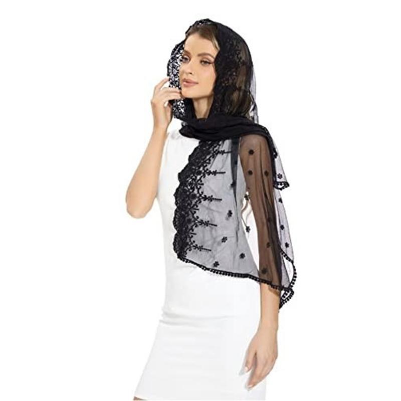 Sheer Lace Turban Headscarf for Women Church Attendance Mantilla Veil Lace Head Covering Shawl Wrap for Worship Service