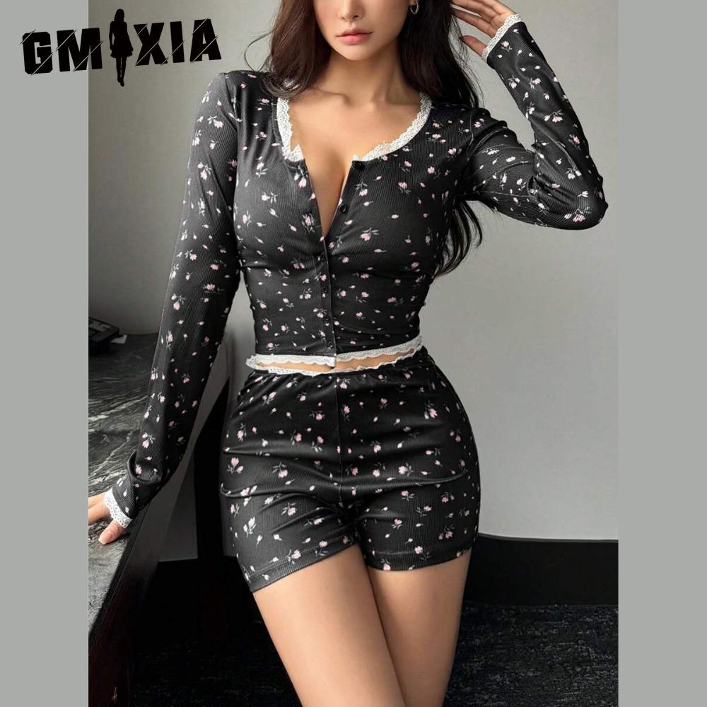 GMXIA Sexy Pajamas Lace Lace Tight Floral Long-sleeved Cardigan Waistless Shorts Loungewear Women's Suit