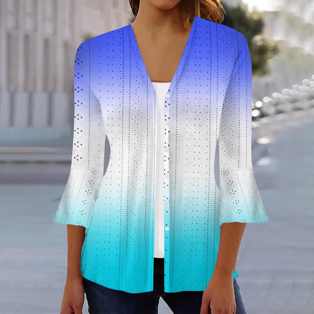 Женская мода свободный повседневный принт с рукавом три четверти рубашка на пуговицах кардиган топ