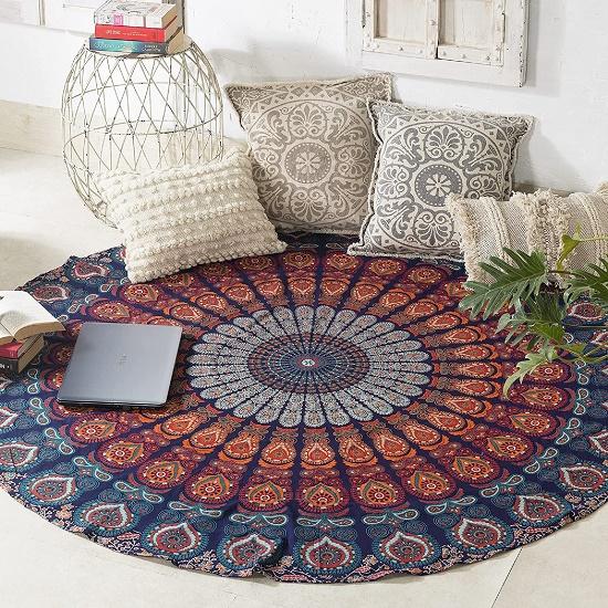 Indian Golden Blue Chili Round Table Cover Bohemia Indian Mandala Table Cloth Fabric Peacock Father Tablecloth Mediterranean Style Kitchen Round