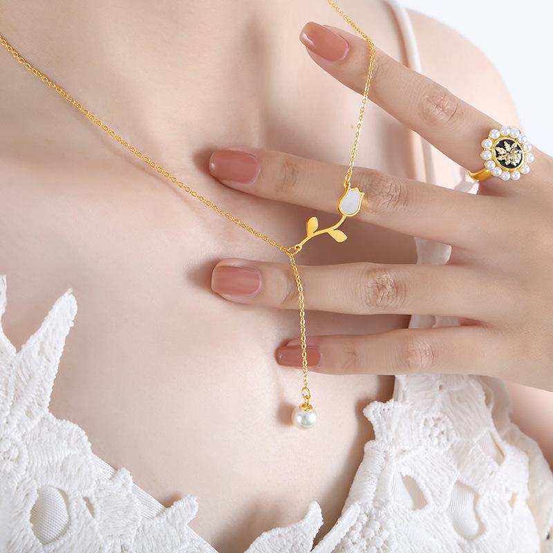 Белое Морское Ожерелье в форме цветка тюльпана с имитацией жемчуга и бахромой в стиле ретро из титановой стали для девушки и подруги