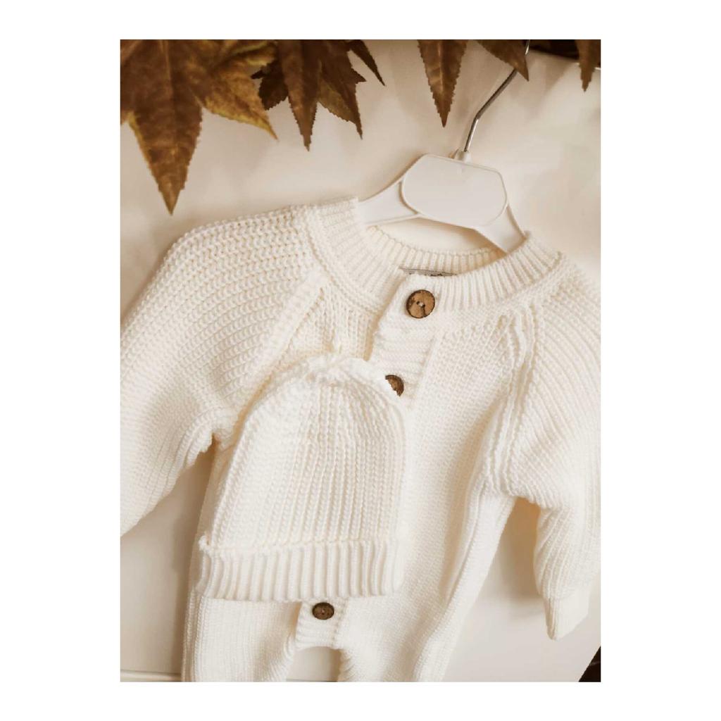 Buttoned Beige Thessaloniki Knitted Knitted Baby Jumpsuit With Hat