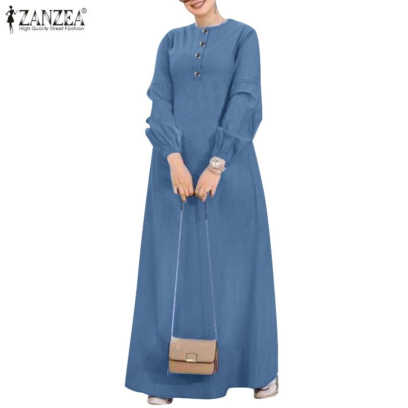 ZANZEA Женское повседневное свободное длинное платье с круглым вырезом и длинным рукавом