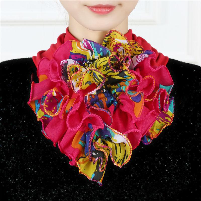Цветной цветочный принт, шифоновый шейный платок, дышащие оборки, поддельный воротник, стильный съемный декоративный шарф