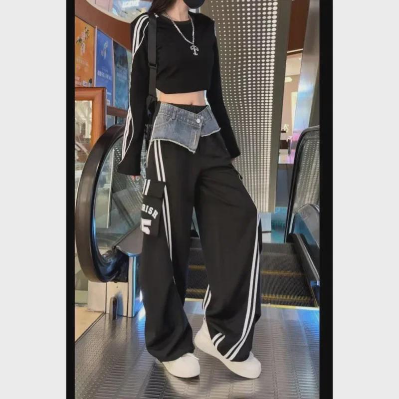 Женские полосатые джинсовые брюки-комбинезон с карманами - осенняя мода, широкий фасон