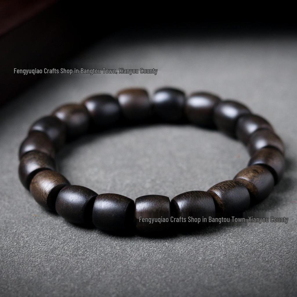 Agarwood Black Qinan High Oil Sinking Bracelet: 108 Bead Buddhist Rosary with Round and Barrel Beads, High-Quality Woody Hand Jewelry.