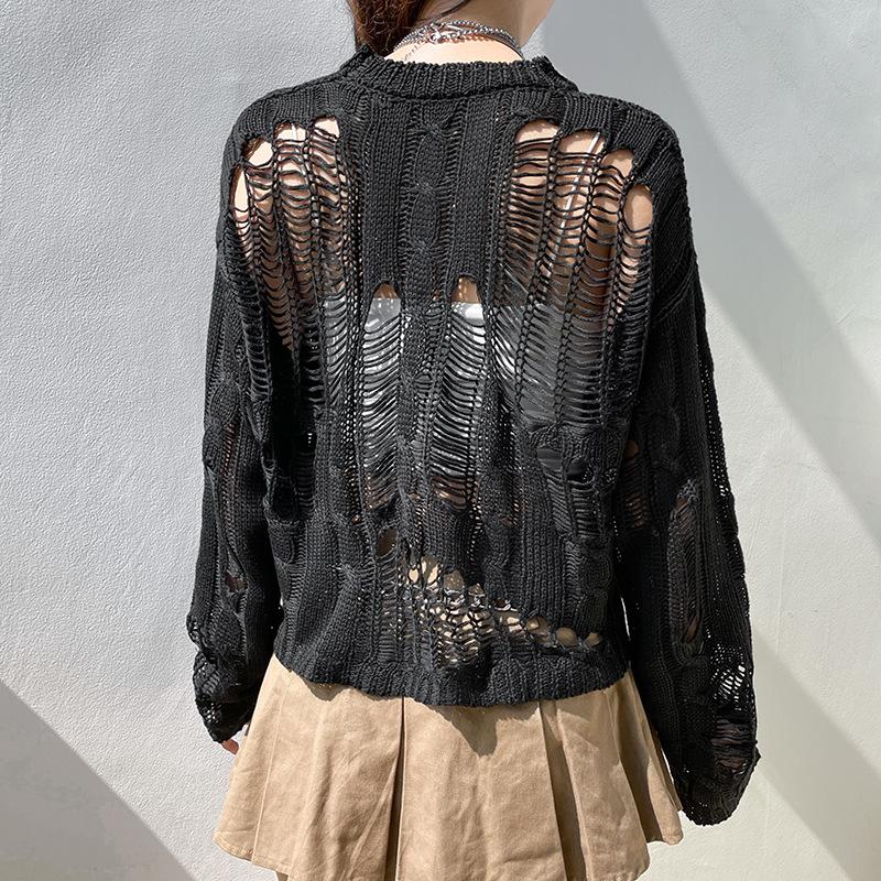 Women Hollowed Knitted Sweater Smock Female Personality Loose Outer Wear Sweater Tops