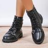 Women's Solid Lace Up Boots 2024 Autumn Heart Buckle Thick Heel Short Boots Pu Leather Side Zip Square Heel Women Boots