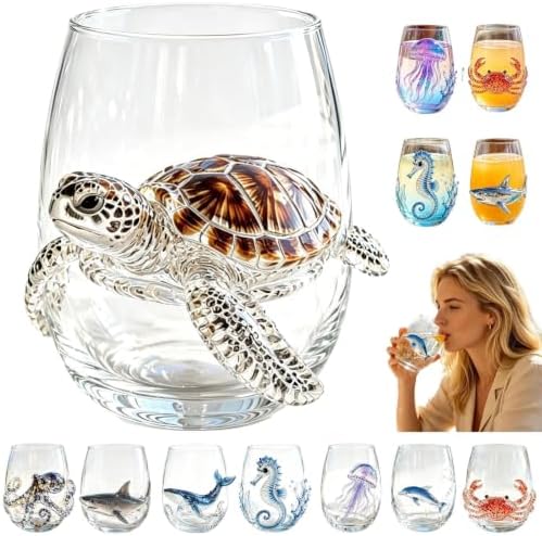 Handmade blue ring turtle art glass wine glass marine life 3D three-dimensional bar cup coastal style home decoration ornament gift