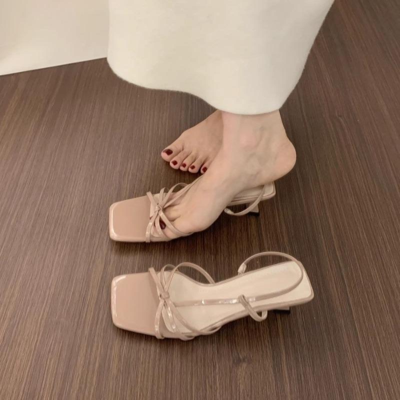 Fashion 2025 New Elegant French Summer High Heels Nude Pink Cat Heel Square Head Vintage Roman Sandals Rubber Sole Microfiber Materia