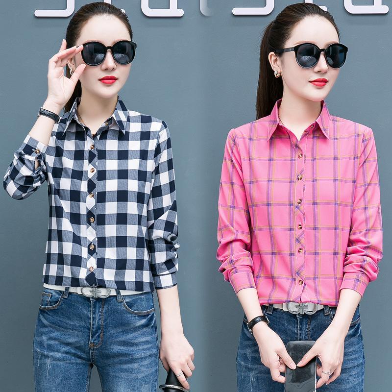 Клетчатая рубашка для женщин, сто женщин, топы, свободная ретро рубашка с длинным рукавом с гонконгским вкусом