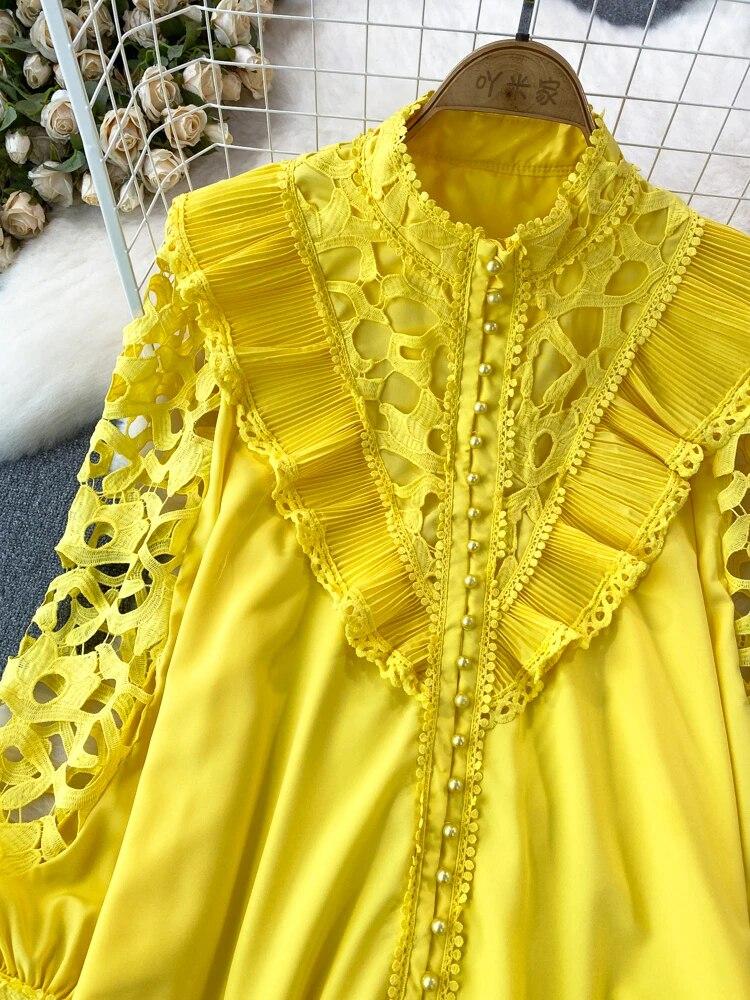 Винтажная блузка в стиле суда для женщин, с воланами, ажурные кружевные лоскутные рубашки с длинными рукавами-фонариками, женские блузки, Прямая поставка