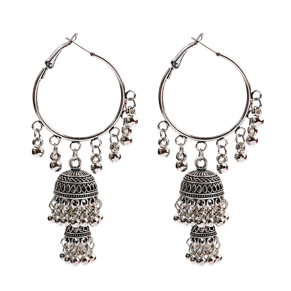Women‘s Boho Ethnic Gold Copper Plated Jhumka Indian Earring Gypsy Zircon Vintage Big Bells Dangle Hanging Earrings For Women