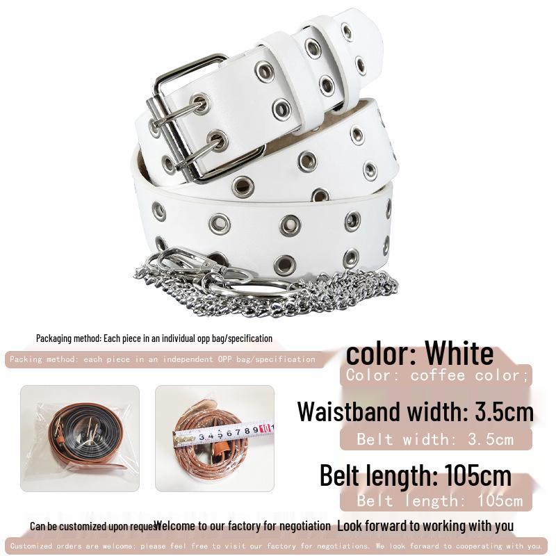 Women's Punk Chain Leather Belt with Rivet & Eyelet Details