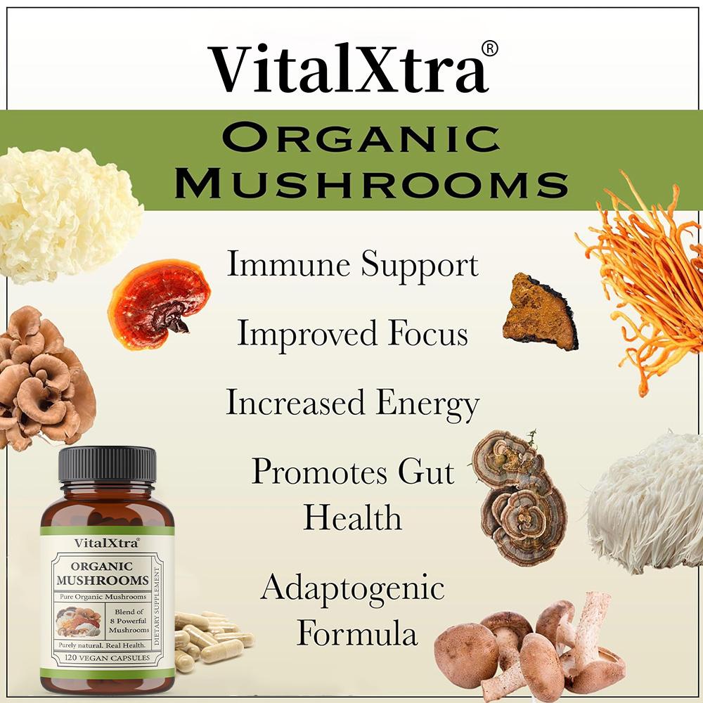 Organic 8 Mushroom Complex Blend 120 Vegan Capsules Dietary Supplement