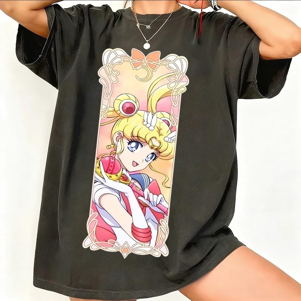 Sailor Moon Ретро 90-х Аниме Графическая Футболка Летняя Хлопковая Унисекс Женская Футболка Уличная Одежда Повседневный Тренд Короткий Рукав Пара Хип-Хоп Топ