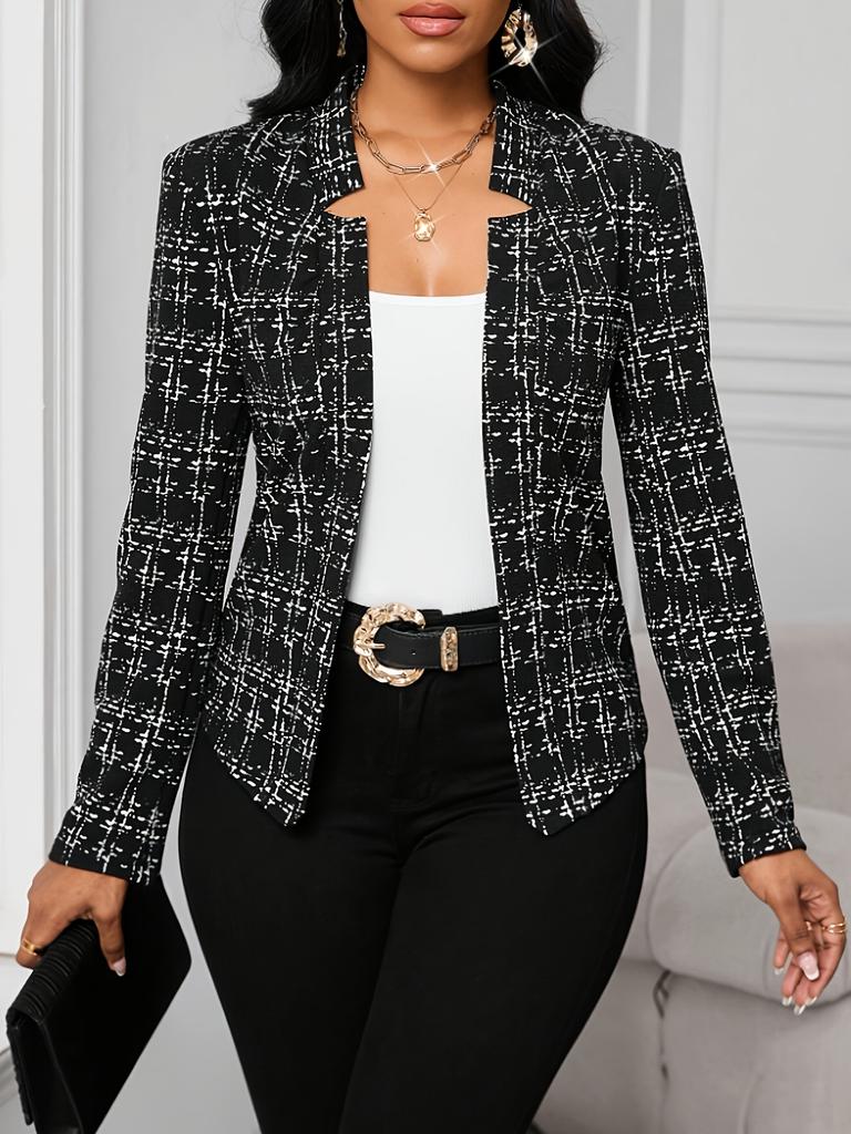 Women's Lightweight Plaid Long Sleeve Jacket - Stylish Open Front Outerwear for Spring & Fall, Black & White Houndstooth Pattern,