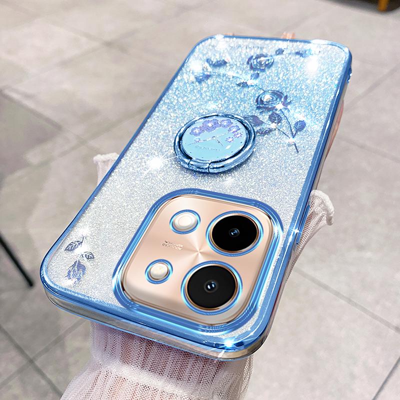 KADEM For vivo Y28 4G Case Kickstand Glitter Flowers TPU Shockproof Phone Cover
