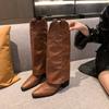 Women Autumn Winter Black Leather Rivets Elegant Slim Knee High Boots Fashion 6.5cm High Heel Pointed Toe Female Long Boots