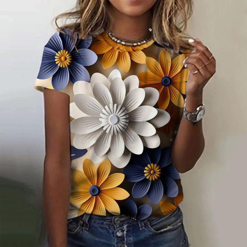 Women's T-Shirts Fashion 3d Floral Printing T Shirt Casual Tees Summer Clothing Basic Female Tops Print Oversized Pullover