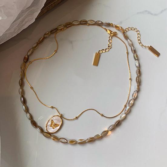 Butterflies Pendant Necklace with Shell Stone Photo Album Charm Necklace Adjustable Length Beads Necklace