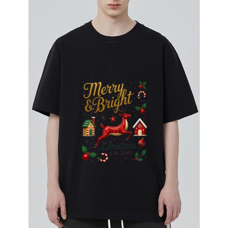 Christmas T Shirt Black Merry and Bright Reindeer House and Candy Cane Print for Holiday Party