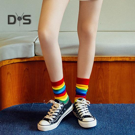 6 пар зимних носков унисекс с разноцветными радужными полосками, средней длины, эластичные, сохраняющие тепло, нескользящие, толстые, для пар, повседневные спортивные носки