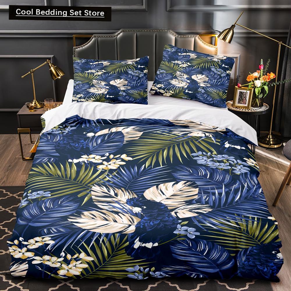 Тропические растения Цветочный пододеяльник King Queen Комплект постельного белья с зелеными пальмовыми листьями Кремовые цветы 2/3 шт. Полиэстеровый пододеяльник