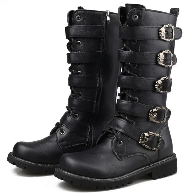 Fashion Large Size Men's Leather Motorcycle Boots Mid-calf Combat Boots Gothic Belt Punk Boots Men Shoes Tactical Boot 2025