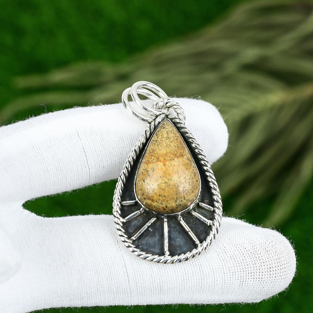 Подвеска из натурального камня Яшма Пикассо Желтая Ювелирное изделие из серебра 925 пробы