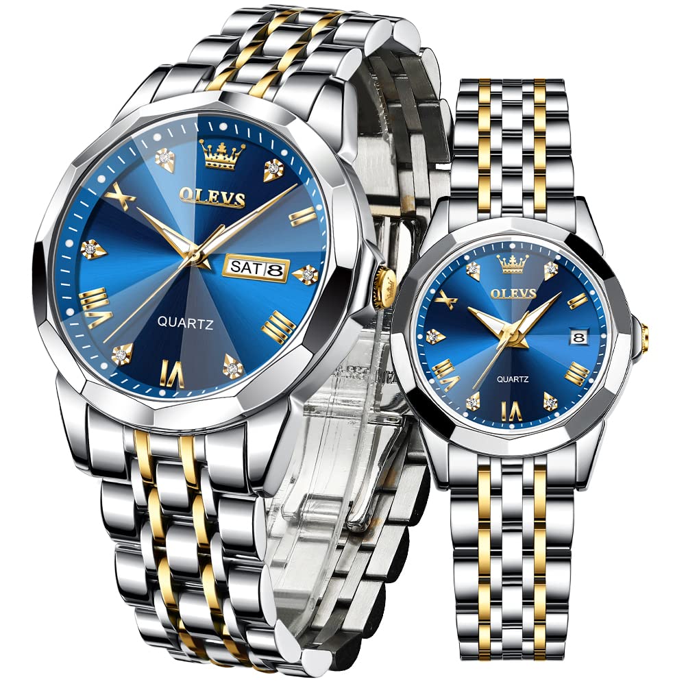 OLEVS Парные часы Популярные парные часы кварцевые бриллиантовые нержавеющая сталь водонепроницаемые дата светящиеся белые подарочные часы для пары (синий)