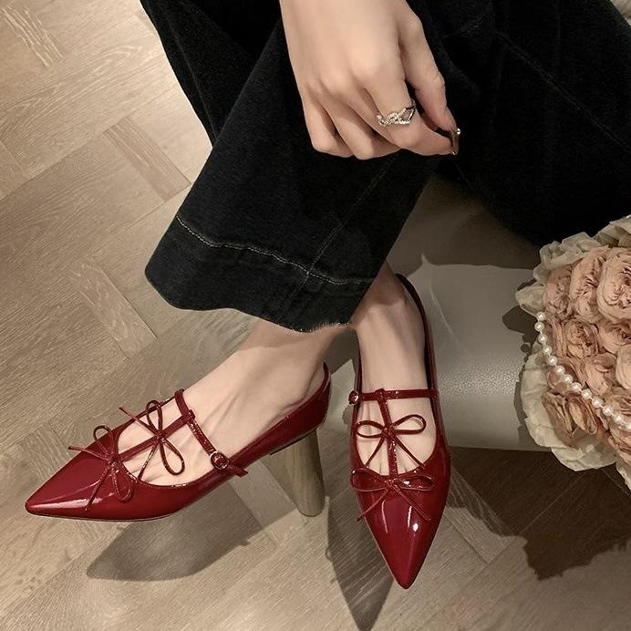 Весенняя коллекция 2025 года из коровьей кожи~ Вечеринка по случаю ужина Хепберн~ Туфли Мэри Джейн на плоской подошве с заостренным бантом и неглубоким носком, женская банкетная обувь